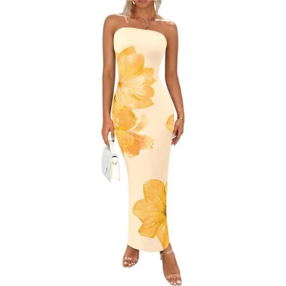 Women Summer Strapless Maxi Dress Yellow Flower